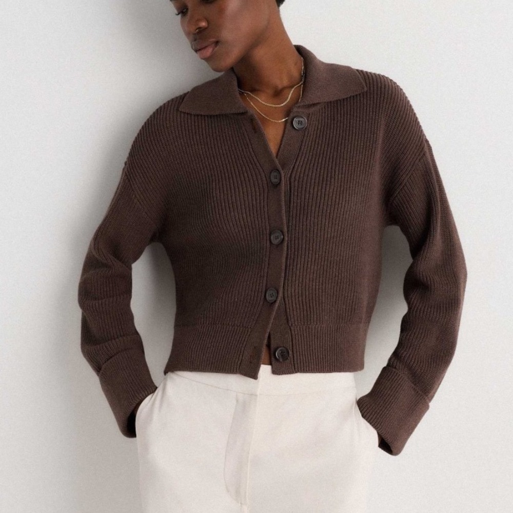 Quince Brown Fisherman Organic Cotton Ribbed Knit Button Cardigan Sweater L